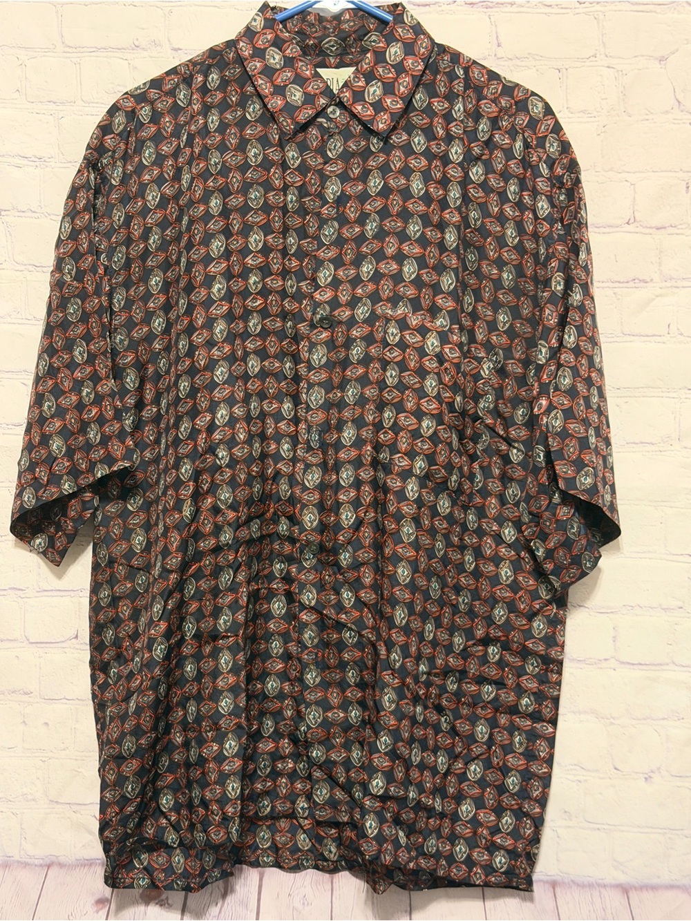Vintage Utopia 100% Silk Geometric Button Up Shirt Medium Men's Short Sleeve